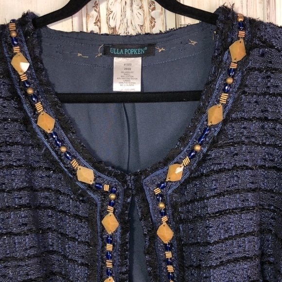 Ulla Popken Navy Tweed Long Sleeve Beaded Embellished Jacket Size 20/22 - Picture 5 of 12